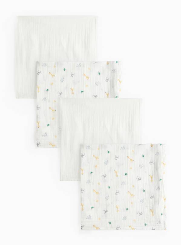 Safari Print & Plain Muslin Cloths 4 Pack One Size